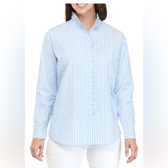 crown & ivy Tops - Crown & Ivy Women’s Medium Light Blue Striped Dress Shirt with ruffle detail